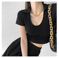 Y2K Tops Women U-shaped Lapel Short Sleeve Tees Summer High Waist Thread Crop Top - MERGE.DAY.1.FREESTYLE