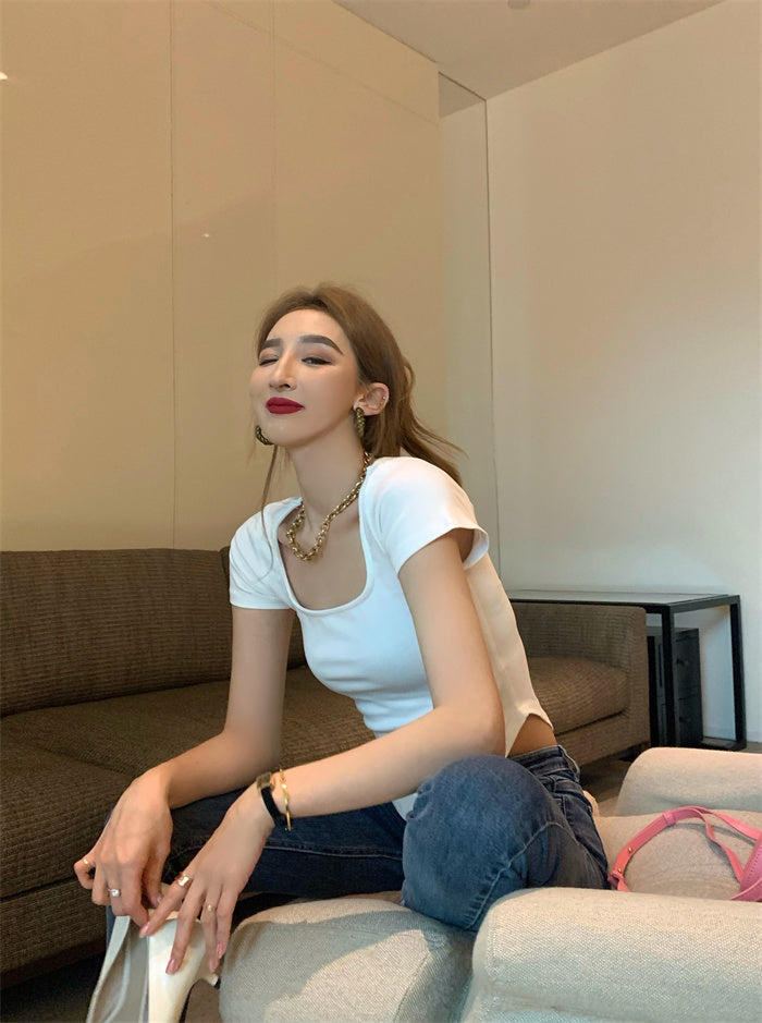 Pure Color Slim Short Sleeve Tees Women 2022 Summer Y2k Crop Fashion Sexy Blouse - MERGE.DAY.1.FREESTYLE