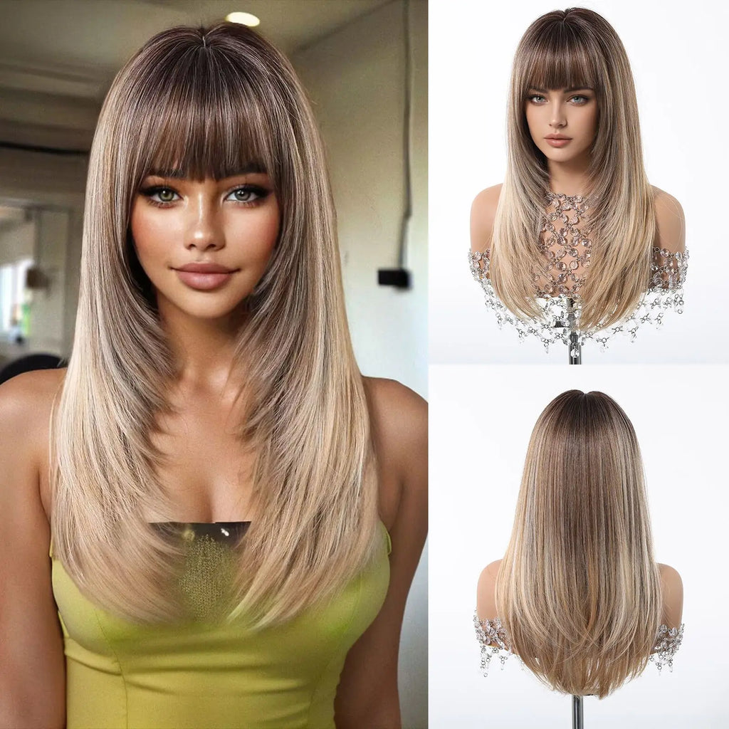 EASIHAIR Medium Length Wavy Blonde Synthetic Wig With Bangs For Women Natural Wigs Hair Heat Resistant Daily Party Cosplay Use