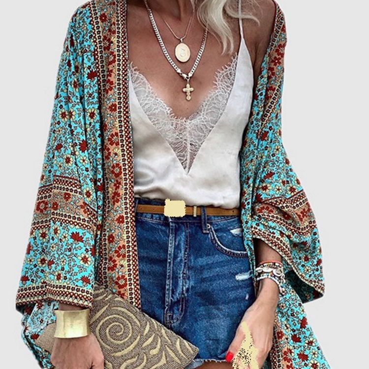 Cardigan Women Bohemian Floral Printed Blouse Open Front Loose Beach Tops Vintage Long Sleeve - MERGE.DAY.1.FREESTYLE