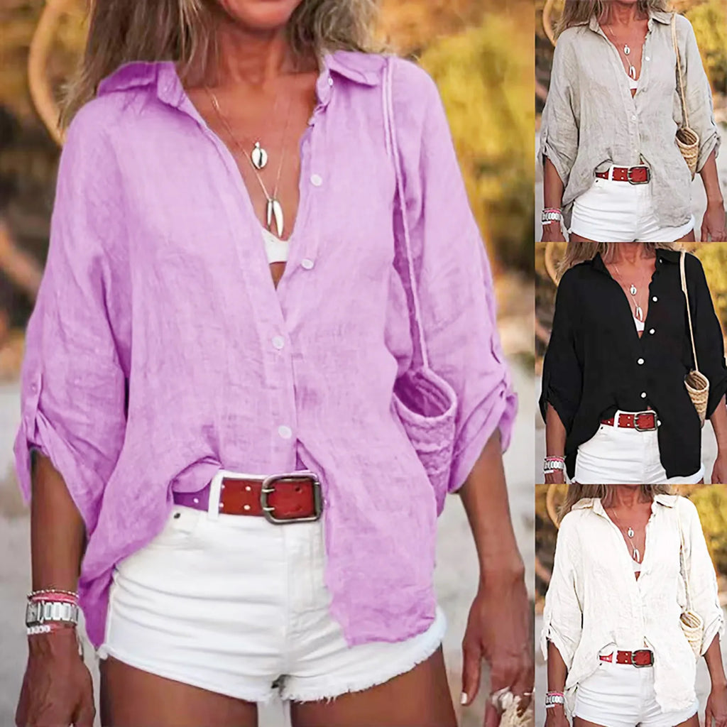 Cotton Linen Blouse Shirts Summer Solid Color Short Sleeve Buttons Cardigan Shirts - MERGE.DAY.1.FREESTYLE