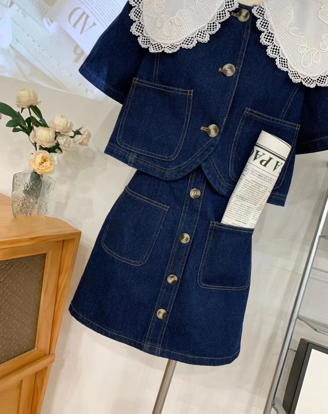 Summer Sweet Denim Suit Lace Peter Pan Collar Single Breasted Tops+high Waist A-line Skirts - MERGE.DAY.1.FREESTYLE