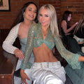 Bling Glitter Sequins Bell Long Sleeve Lace Up Crop Top Blouse Y2K - MERGE.DAY.1.FREESTYLE