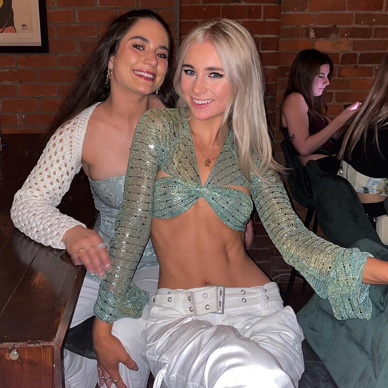 Bling Glitter Sequins Bell Long Sleeve Lace Up Crop Top Blouse Y2K - MERGE.DAY.1.FREESTYLE
