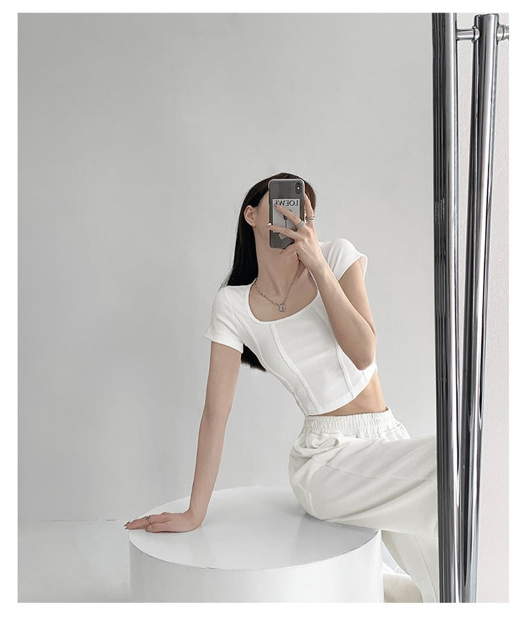 Vintaege Y2K Tops Women Summer Square Collar Short Sleeve T-shirt Fishbone Line Slim Crop - MERGE.DAY.1.FREESTYLE