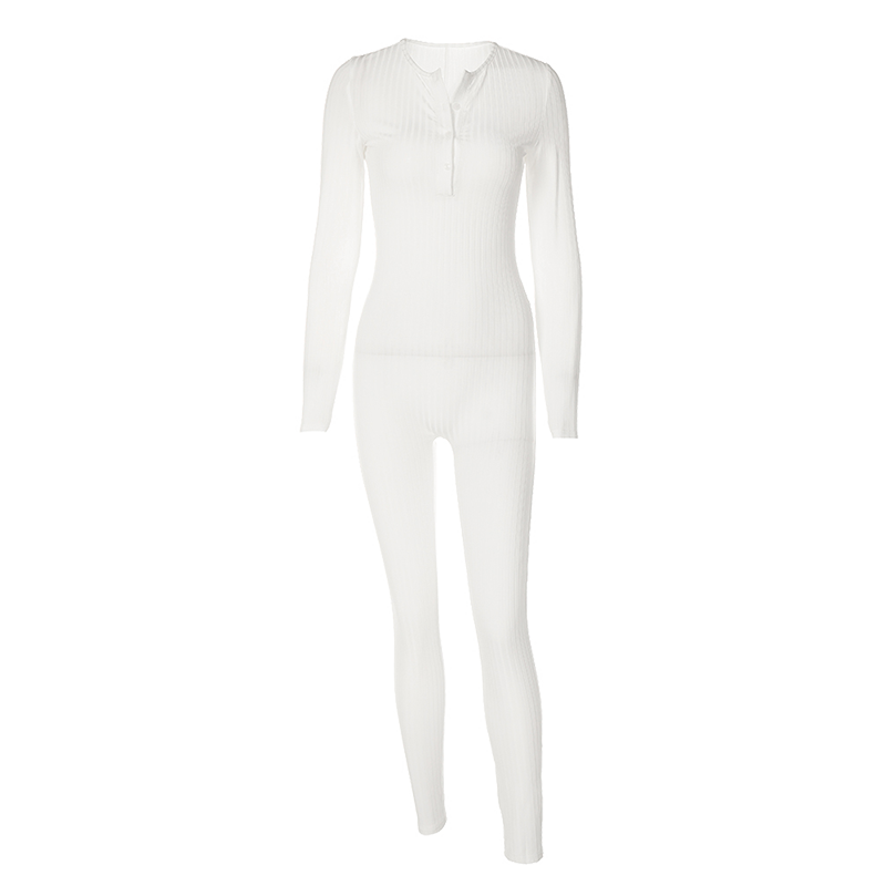 V-Neck Long Sleeves Buttons Bodycon Skinny Jumpsuit Rompers - MERGE.DAY.1.FREESTYLE
