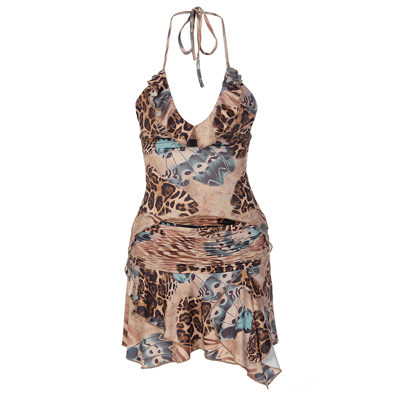 Ruffles Print Halter Sleeveless Crop Top Draped Skirts 2 Pcs Set - MERGE.DAY.1.FREESTYLE