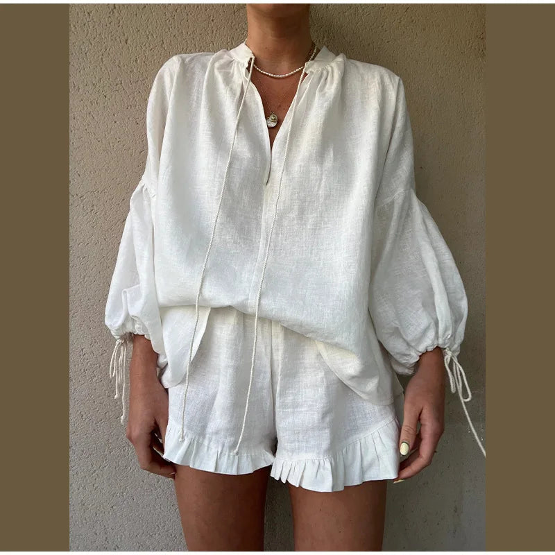 Women's Solid Cotton Linen Ruffle Shorts Suit V-neck Long Sleeve Drawstring Loose 2 Pieces Set - MERGE.DAY.1.FREESTYLE