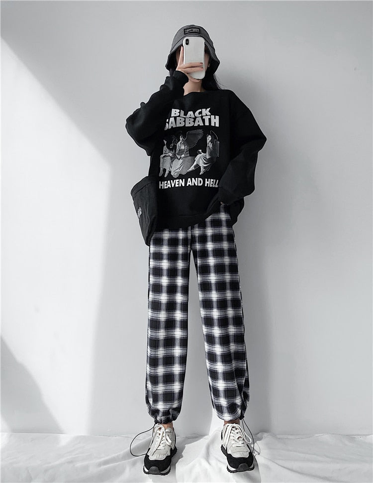 Plaid Pants Women High Waist Drawstring Loose Straight Baggy Pants 2022 Spring and Summer - MERGE.DAY.1.FREESTYLE
