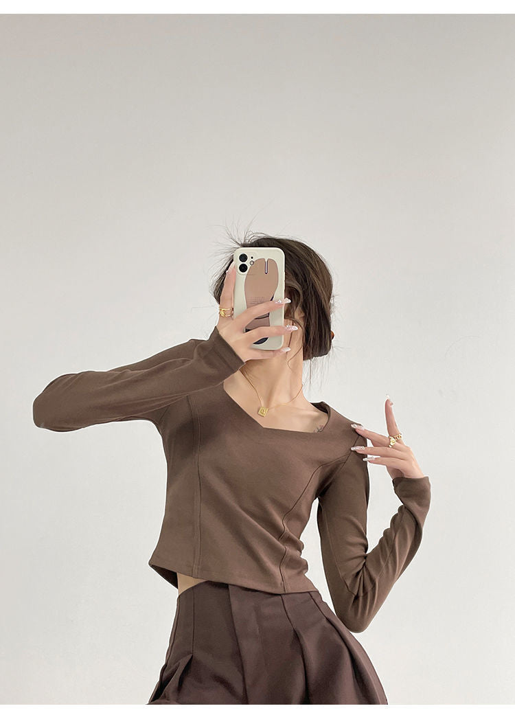 Fishbone Pattern Women's Long Sleeve T-shirt High Waist Slim Square Collar Tops Woman - MERGE.DAY.1.FREESTYLE