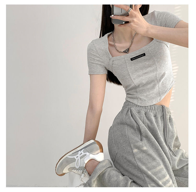 Curved Crop Tops Women Summer Square Collar Short Sleeve T-Shirt Fashion Slim Woman - MERGE.DAY.1.FREESTYLE