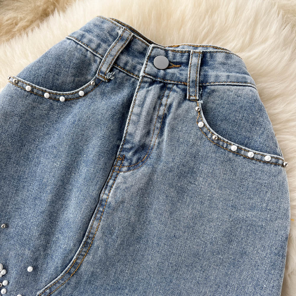 Beading Split Denim Skirts Women High Waist A-line Irregular Jeans Skirts - MERGE.DAY.1.FREESTYLE