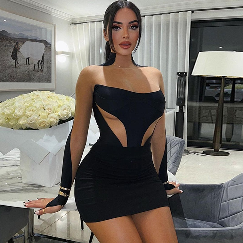 Long Sleeve Patchwork Mesh See Through Sexy Bodycon Mini Dress Evening Clothes - MERGE.DAY.1.FREESTYLE