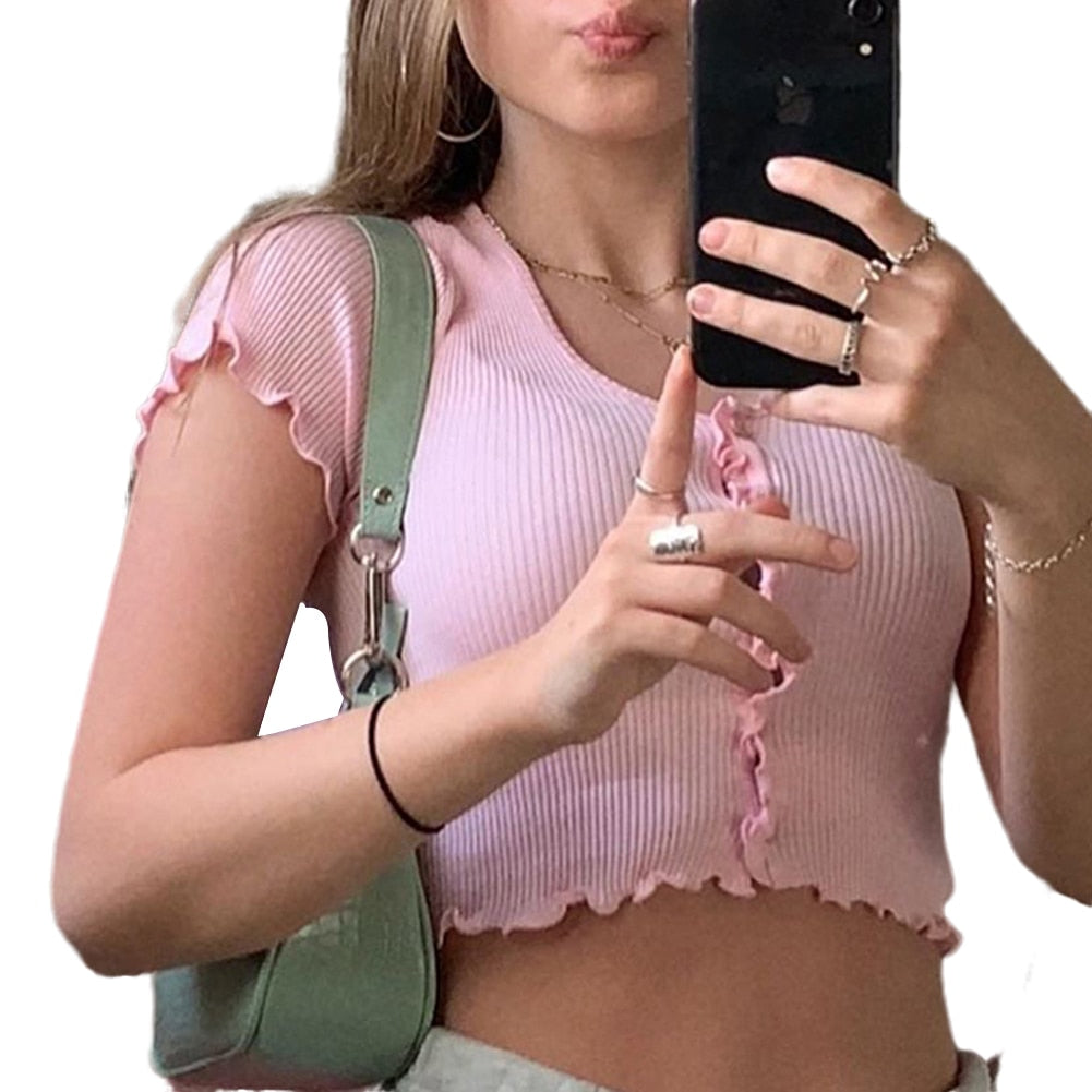 Women clothes Ladies Button Square Neck Tops Short Sleeve square collar pullover T-shirts - MERGE.DAY.1.FREESTYLE