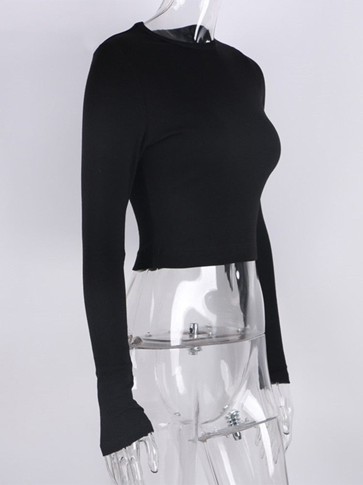 O Neck Long Sleeve Shirt Women Ribbed Sexy Cropped Tops Casual Skinny T Shirts White - MERGE.DAY.1.FREESTYLE