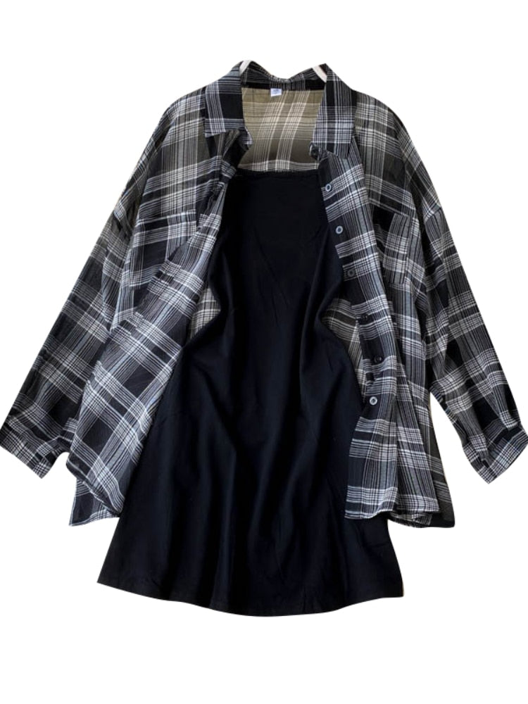 Two Piece Set Long Sleeve Plaid Grey Overcoats Spaghetti Strap Slim Dress - MERGE.DAY.1.FREESTYLE