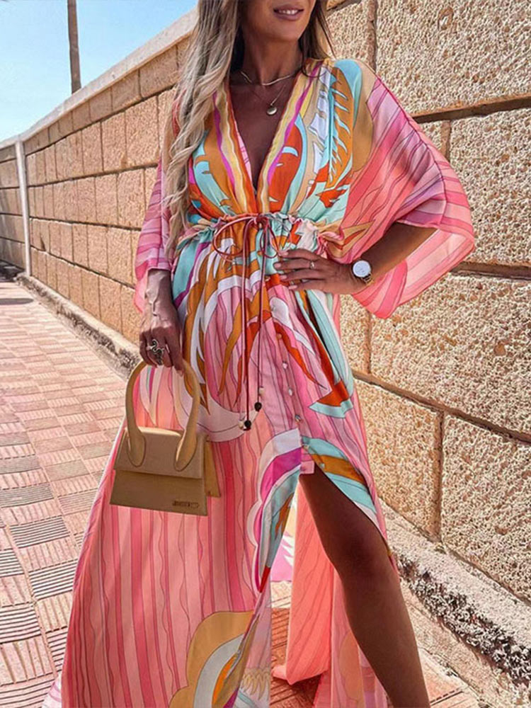 Bikini Cover Ups Print Maxi Dress for Women Summer Bohemian Beach Sexy Floral Tunic Long Dress - MERGE.DAY.1.FREESTYLE