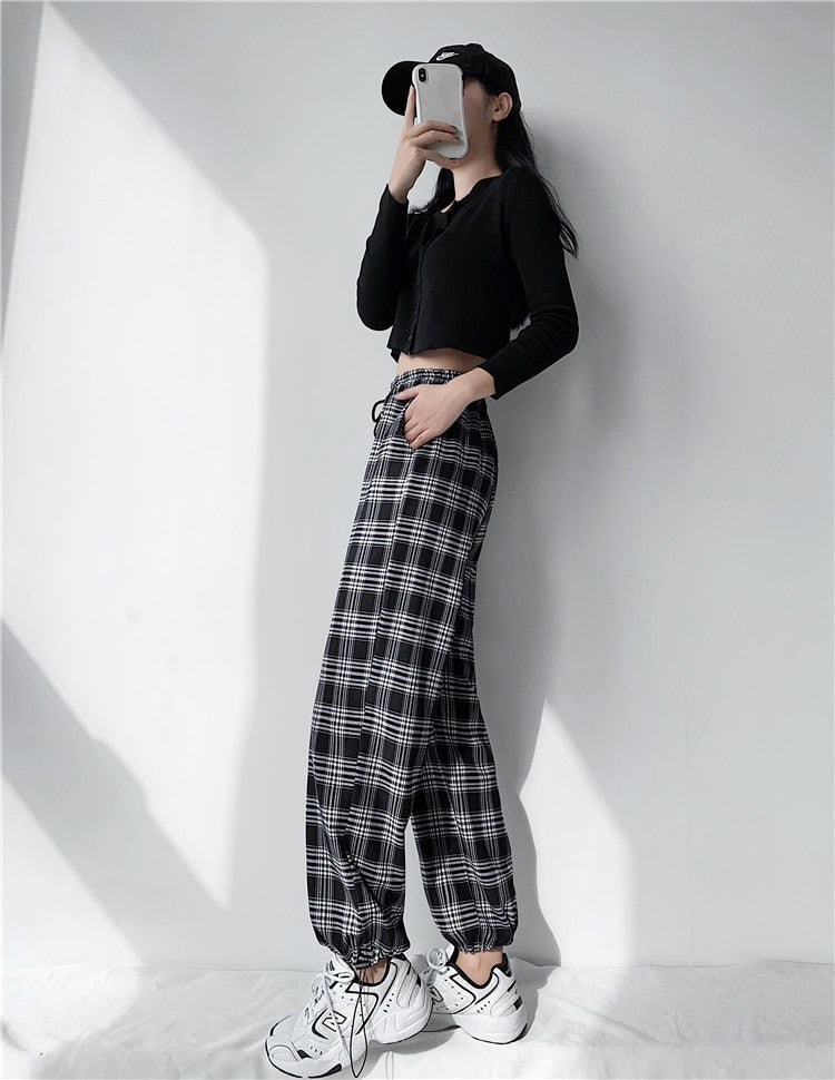 Plaid Pants Women High Waist Drawstring Loose Straight Baggy Pants 2022 Spring and Summer - MERGE.DAY.1.FREESTYLE