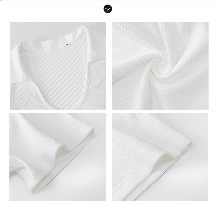 Y2K Tops Women U-shaped Lapel Short Sleeve Tees Summer High Waist Thread Crop Top - MERGE.DAY.1.FREESTYLE