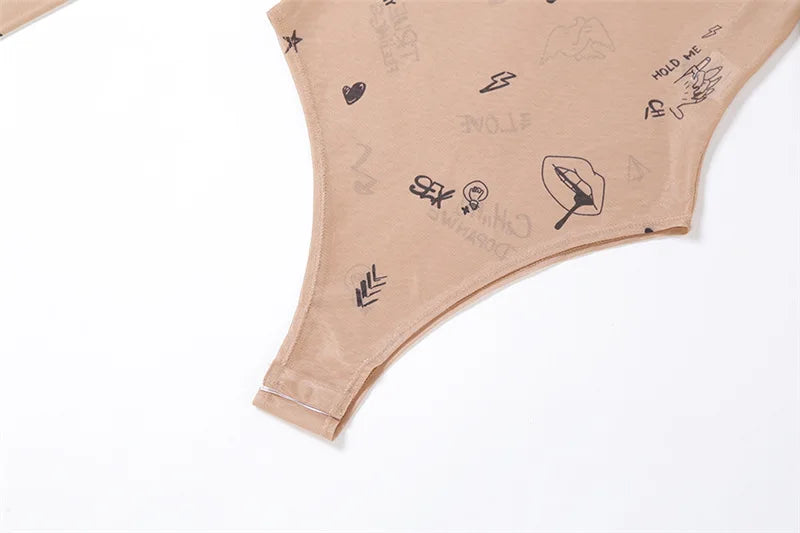 Print tight-fitting one-piece Top Women Long-Sleeved Bodysuits O-Neck - MERGE.DAY.1.FREESTYLE