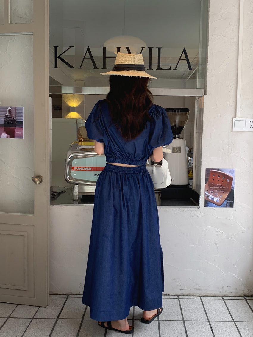 Women's Summer Cotton Denim Sets of Skirts Suit Chic Puff Sleeve Short Top with Umbrella Skirt - MERGE.DAY.1.FREESTYLE