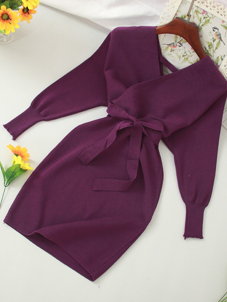 Autumn Women Sexy Elegant Knitted Dress Backless V Neck Sash Tie Up High Waist Dresses - MERGE.DAY.1.FREESTYLE