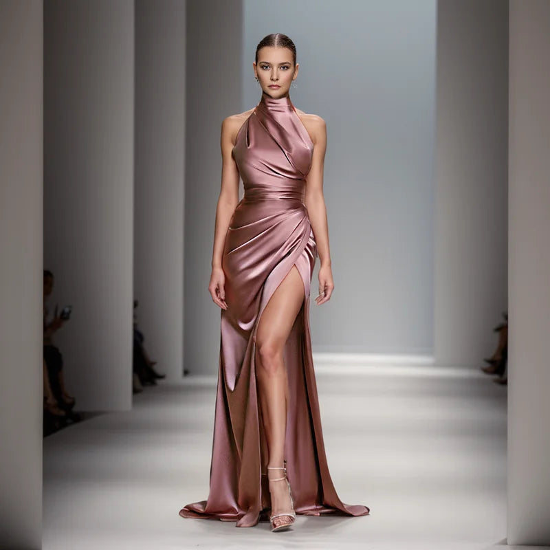 Satin Sleeveless Backless Halter Side Slit Sexy Elegant Maxi Dress - MERGE.DAY.1.FREESTYLE