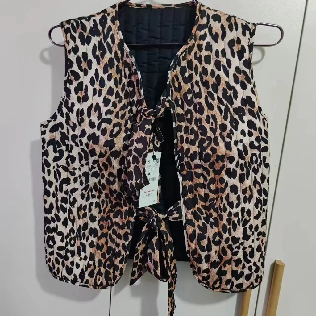Spring/Summer V-neck Bow Decoration Fashion Leopard Pattern Vest - MERGE.DAY.1.FREESTYLE