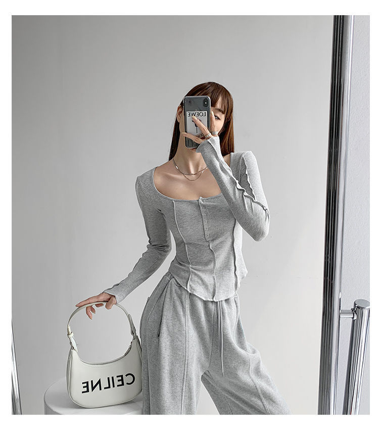 y2k Women T-shirt Single Breasted Long Sleeve Tees Patchwork Square Neck Cropped Tops - MERGE.DAY.1.FREESTYLE