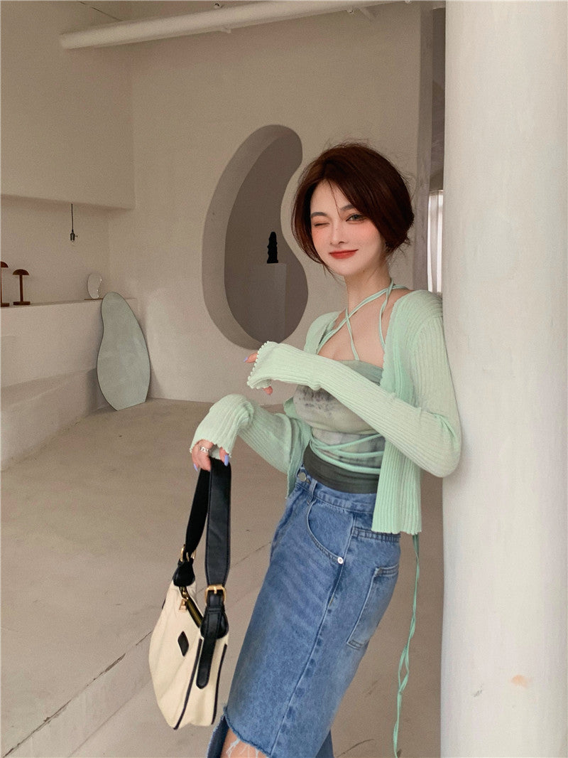 Summer Cardigan Two Piece Sets Women Fashion Slim Green Tie-dye Tops+See Through Thin Knitted - MERGE.DAY.1.FREESTYLE