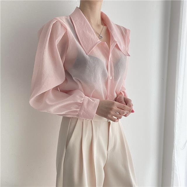 See Through Button Down Shirts Women New Loose Long Sleeve Blouse Female 2022 Summer Suncreen Tops - MERGE.DAY.1.FREESTYLE