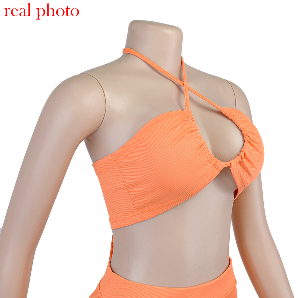 Cryptographic Bandage Cut Out Sexy Halter Neck Top and Skirts Set Gathered Elegant - MERGE.DAY.1.FREESTYLE