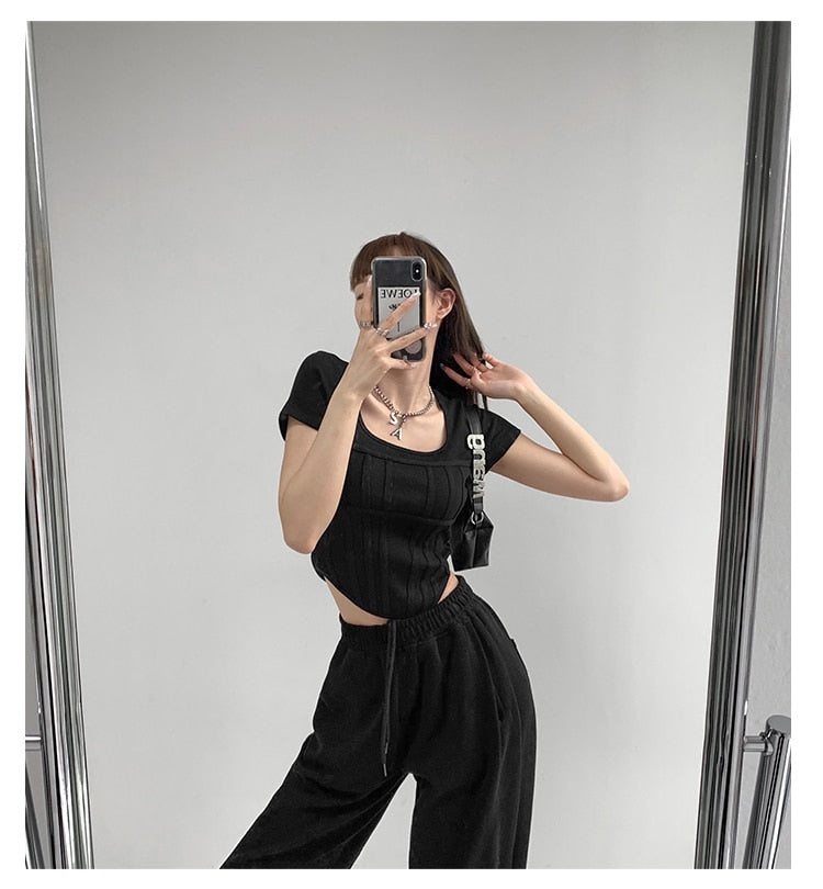 Summer Bright Line White T-shirt Women Slim Square Neck Short Sleeve Cropped Tops Female - MERGE.DAY.1.FREESTYLE