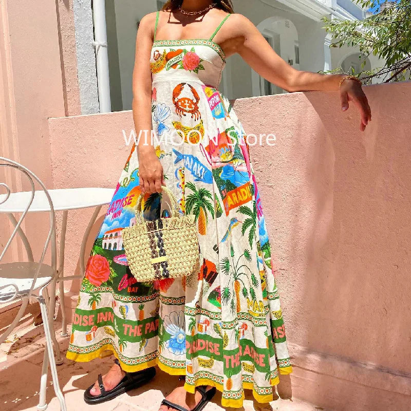 Beach Spaghetti Strap Long Dress Printed Backless Sleeveless Drawstring Dress - MERGE.DAY.1.FREESTYLE