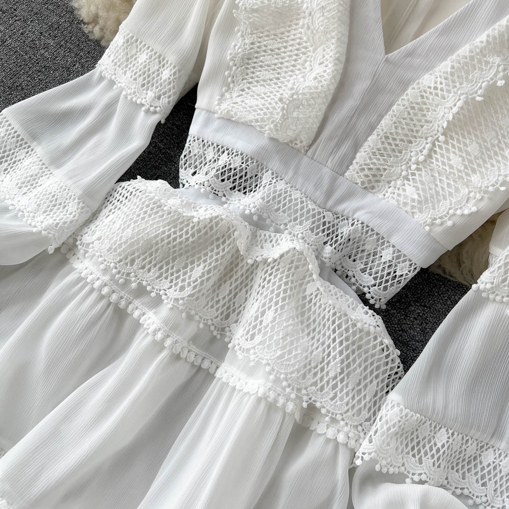 Lace Hollow Out White Dress Women Elegant V-neck Beach Holiday Style Dress - MERGE.DAY.1.FREESTYLE