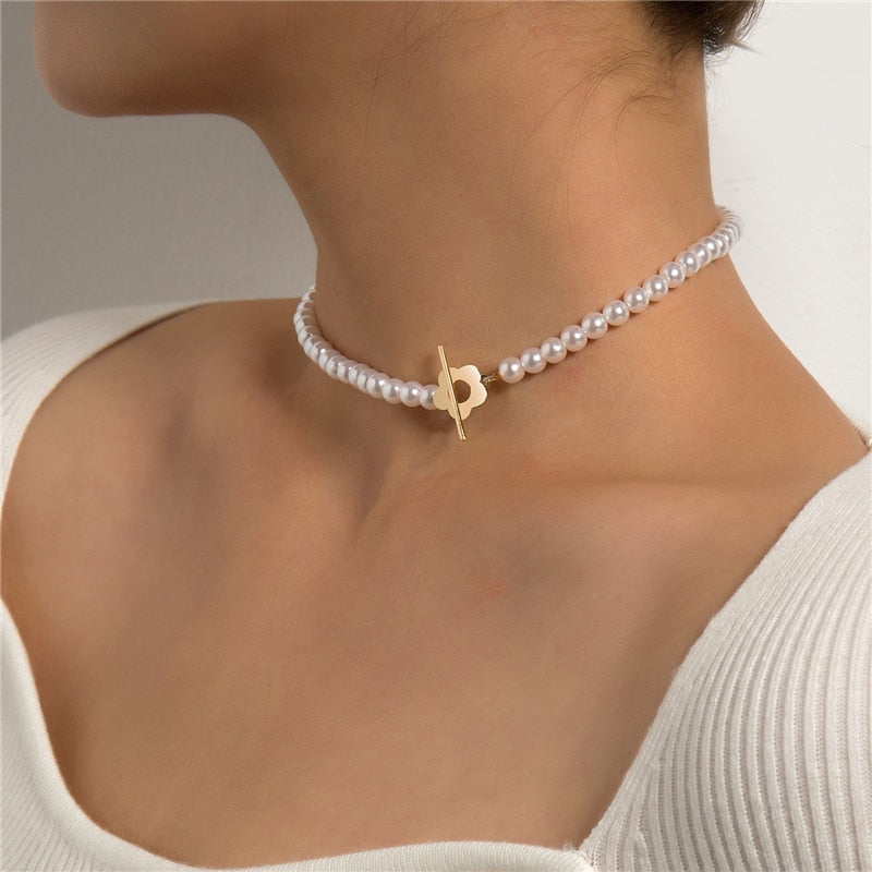 Beads Women's Neck Chain Kpop Pearl Choker Necklace Gold Color Jewelry On The Neck Pendant - MERGE.DAY.1.FREESTYLE