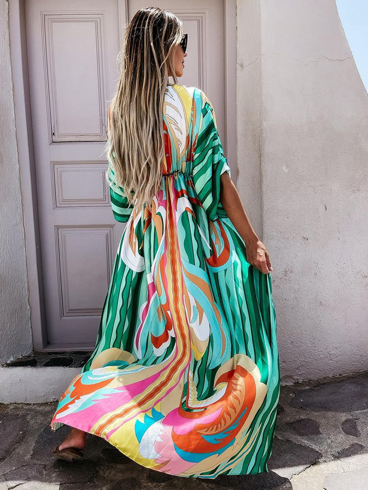 Bikini Cover Ups Print Maxi Dress for Women Summer Bohemian Beach Sexy Floral Tunic Long Dress - MERGE.DAY.1.FREESTYLE