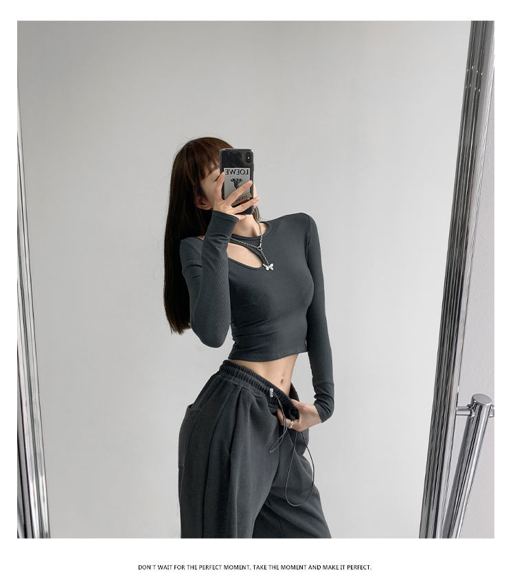 Hollow T-shirt Women Fashion Slim Y2K Cropped Tops Off Shoulder Long Sleeve Tees Woman - MERGE.DAY.1.FREESTYLE