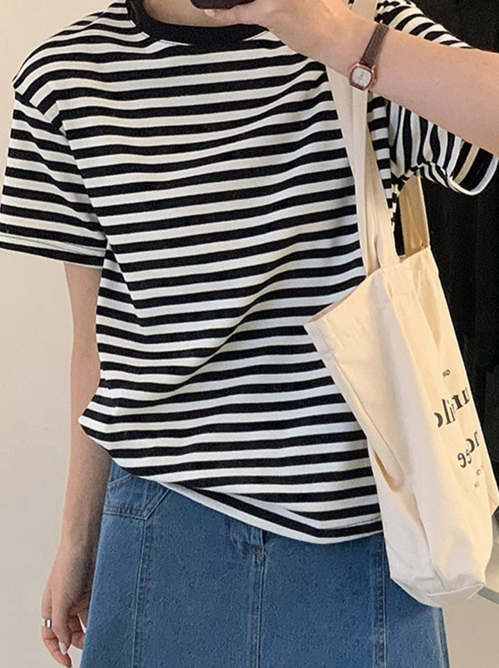 Casual O-neck Women Striped T-shirts Spring Summer Short Sleeve Loose Female Tops - MERGE.DAY.1.FREESTYLE