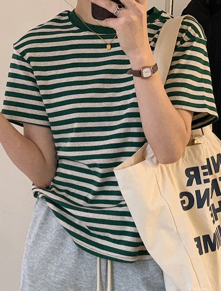Casual O-neck Women Striped T-shirts Spring Summer Short Sleeve Loose Female Tops - MERGE.DAY.1.FREESTYLE