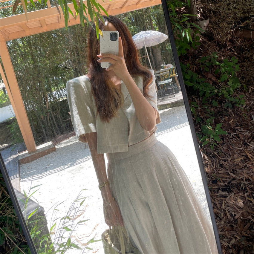 Cotton Linen Skirt 2 Two Piece Sets Outfits Female Short Sleeve Blazer Suits with High Waist - MERGE.DAY.1.FREESTYLE