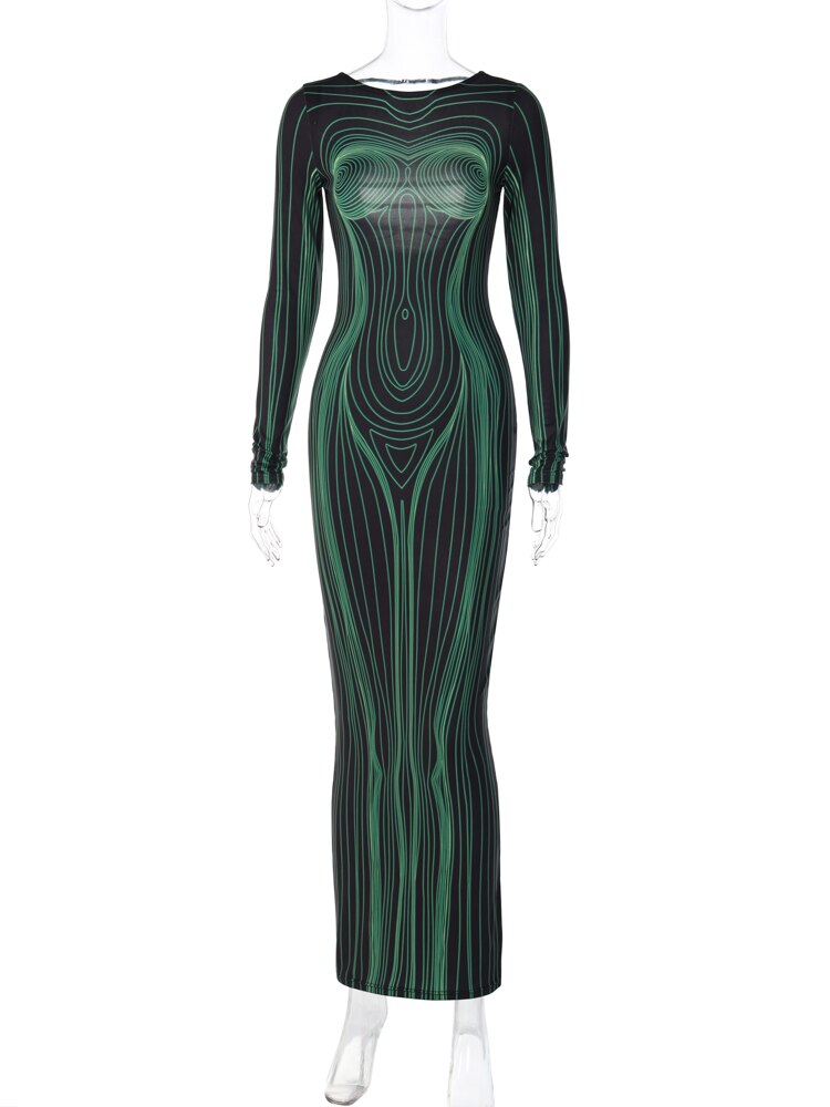 Striped Print Long Sleeve See Through Sexy Bodycon Maxi Dress - MERGE.DAY.1.FREESTYLE