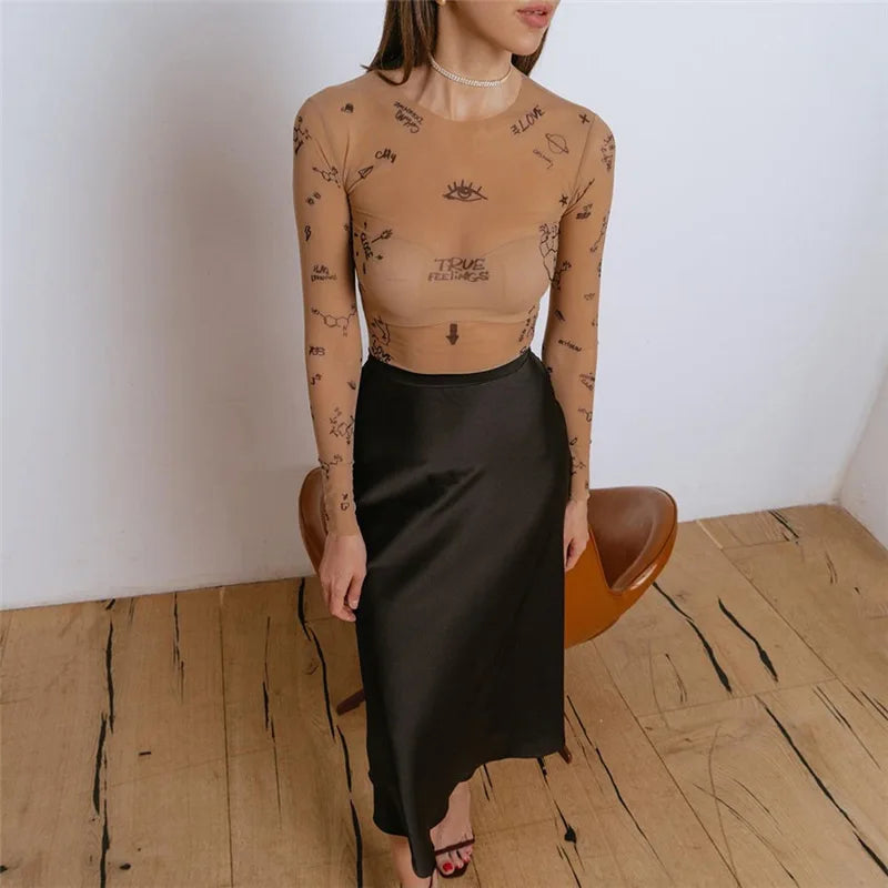 Print tight-fitting one-piece Top Women Long-Sleeved Bodysuits O-Neck - MERGE.DAY.1.FREESTYLE