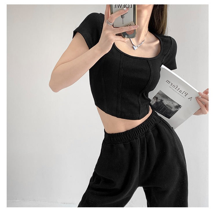 Vintaege Y2K Tops Women Summer Square Collar Short Sleeve T-shirt Fishbone Line Slim Crop - MERGE.DAY.1.FREESTYLE