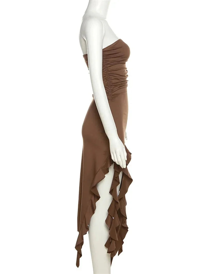 Elegant Strapless Dress Women Irregular Tassel Skinny Split Maxi Bodycon - MERGE.DAY.1.FREESTYLE