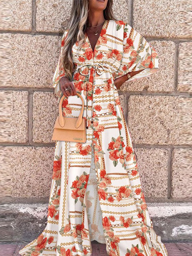 Bikini Cover Ups Print Maxi Dress for Women Summer Bohemian Beach Sexy Floral Tunic Long Dress - MERGE.DAY.1.FREESTYLE