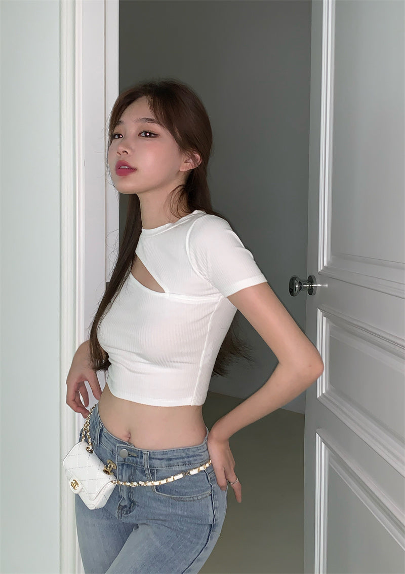 T Shirt Women Summer Hollow Crewneck Cropped Tops Irregular Tight Fitting Short Sleeve - MERGE.DAY.1.FREESTYLE