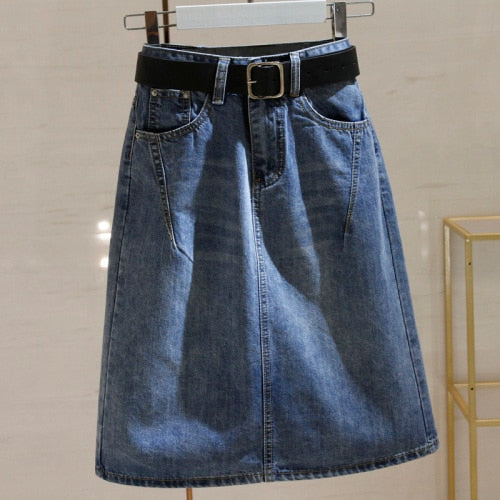 Denim Skirts with Belt Casual Loose High Waist Mid Length Skirts - MERGE.DAY.1.FREESTYLE