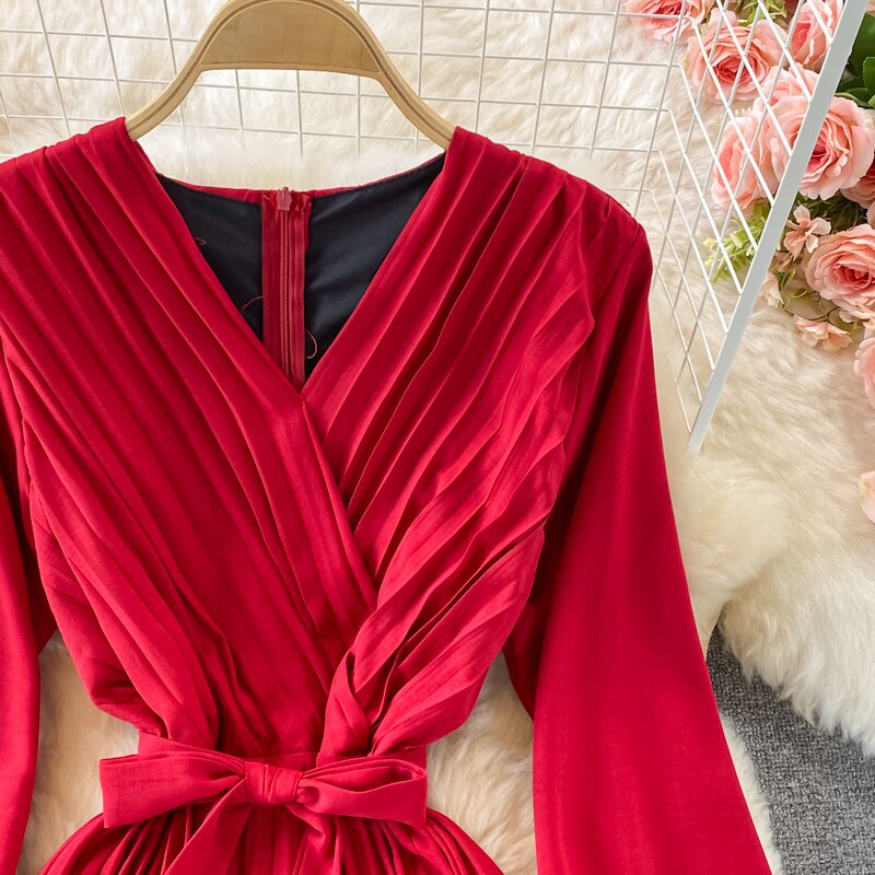 Slim Dress Elegant A Line V Neck Puff Sleeve Chiffon Pullover Mid-Calf Dresses - MERGE.DAY.1.FREESTYLE