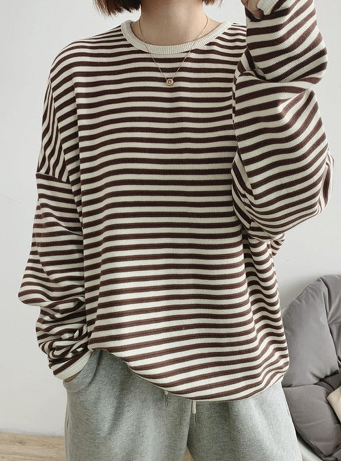 Striped Pullovers Women Knitted Cotton Sweatshirts Female Long-sleeved Loose Tops - MERGE.DAY.1.FREESTYLE